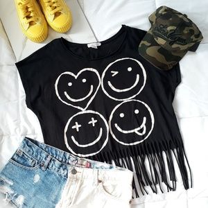 🦩5/$25🦩Forever21 Black Fringe Tee Sz M EUC